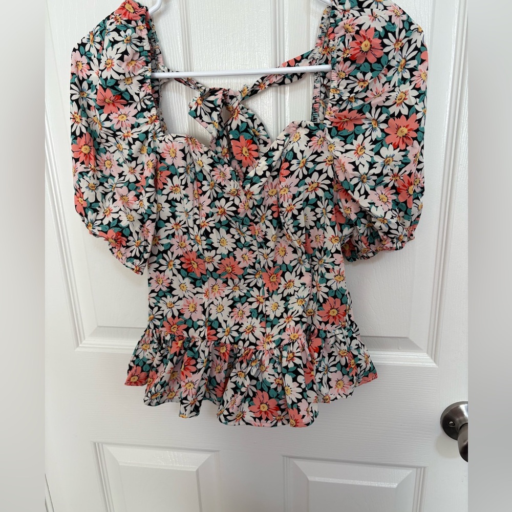 Milk & Honey Floral Puff Sleeve Peplum Top with Back Tie